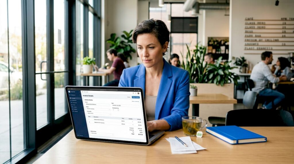 Business owner reviews digital invoices at desk