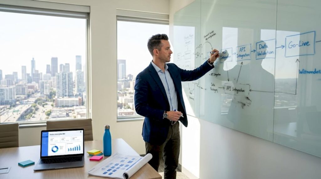 Fintech project manager illustrating workflow automation