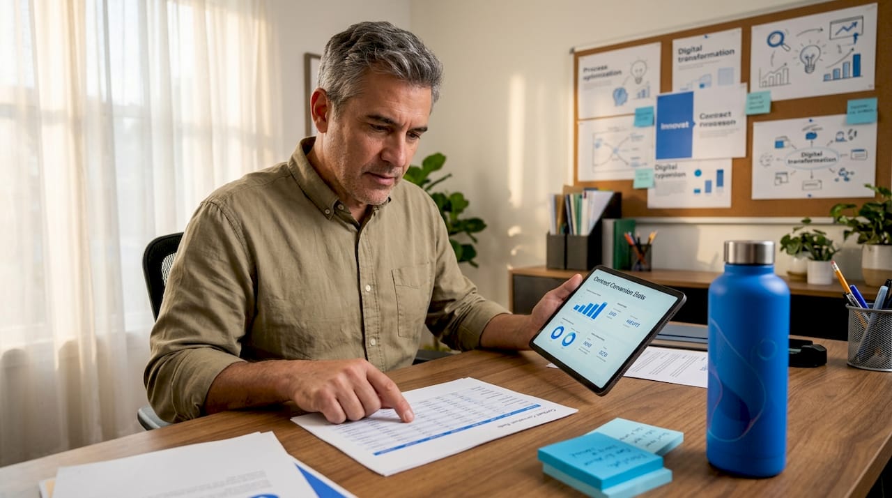 Supervisor reviewing contract conversion stats in office