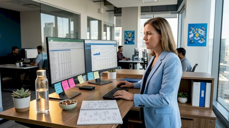 Business analyst automating tasks in corner office
