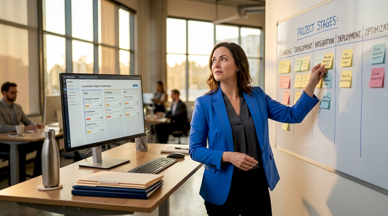 Manager organizing workflow with whiteboard and monitor