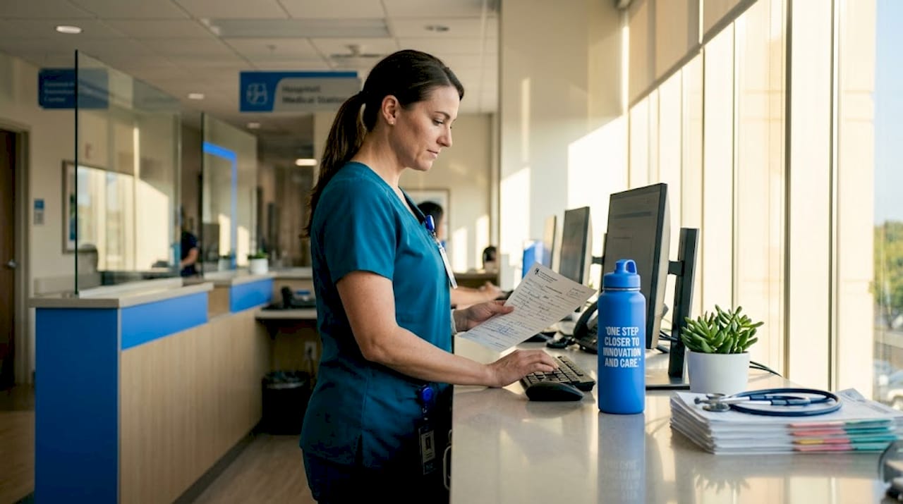 Nurse transcribing referral into EHR system
