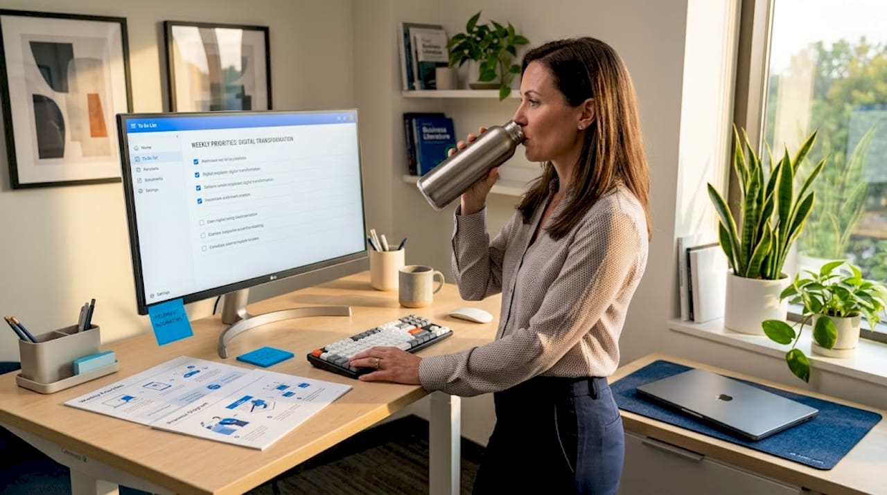 Businesswoman reviewing automated workflow at desk