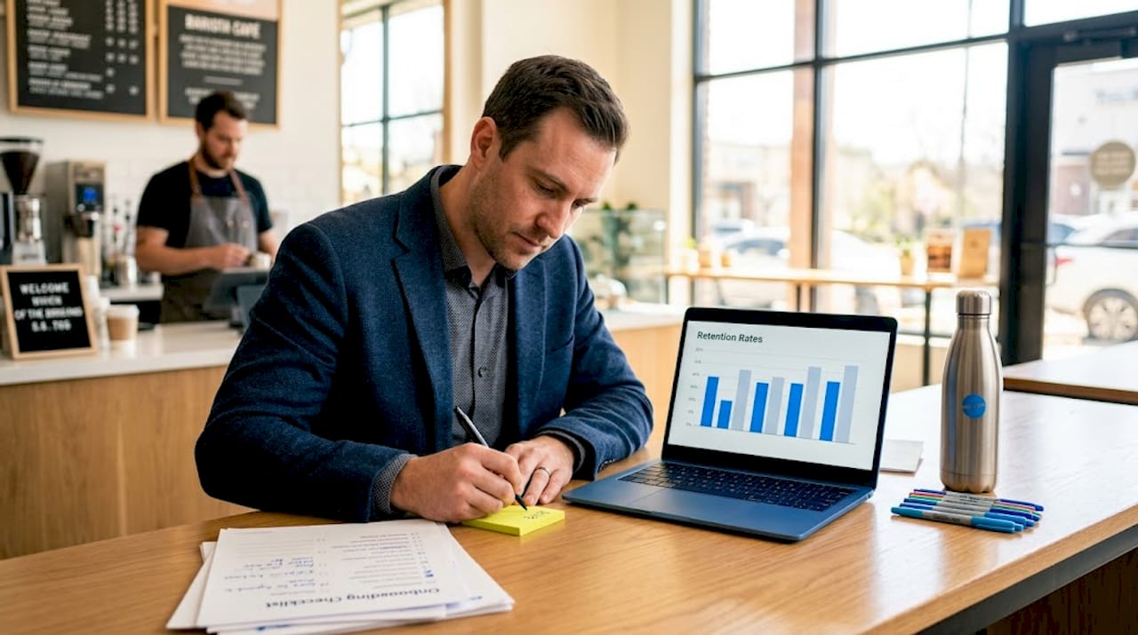 HR analyst reviewing AI onboarding retention data