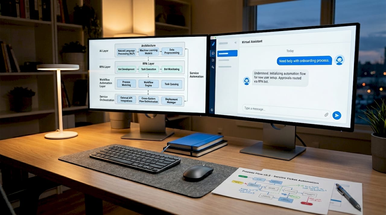 Multi-screen workstation showing automated service delivery setup