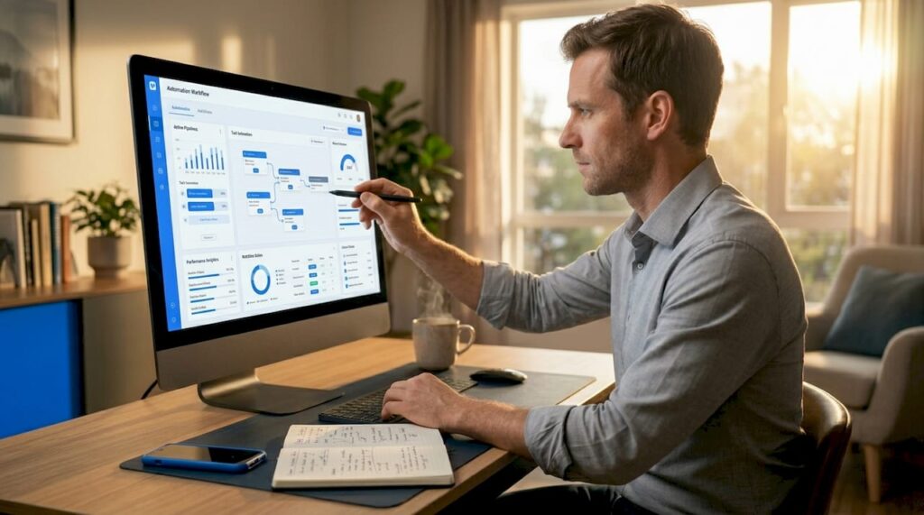 Business professional at computer using automation software
