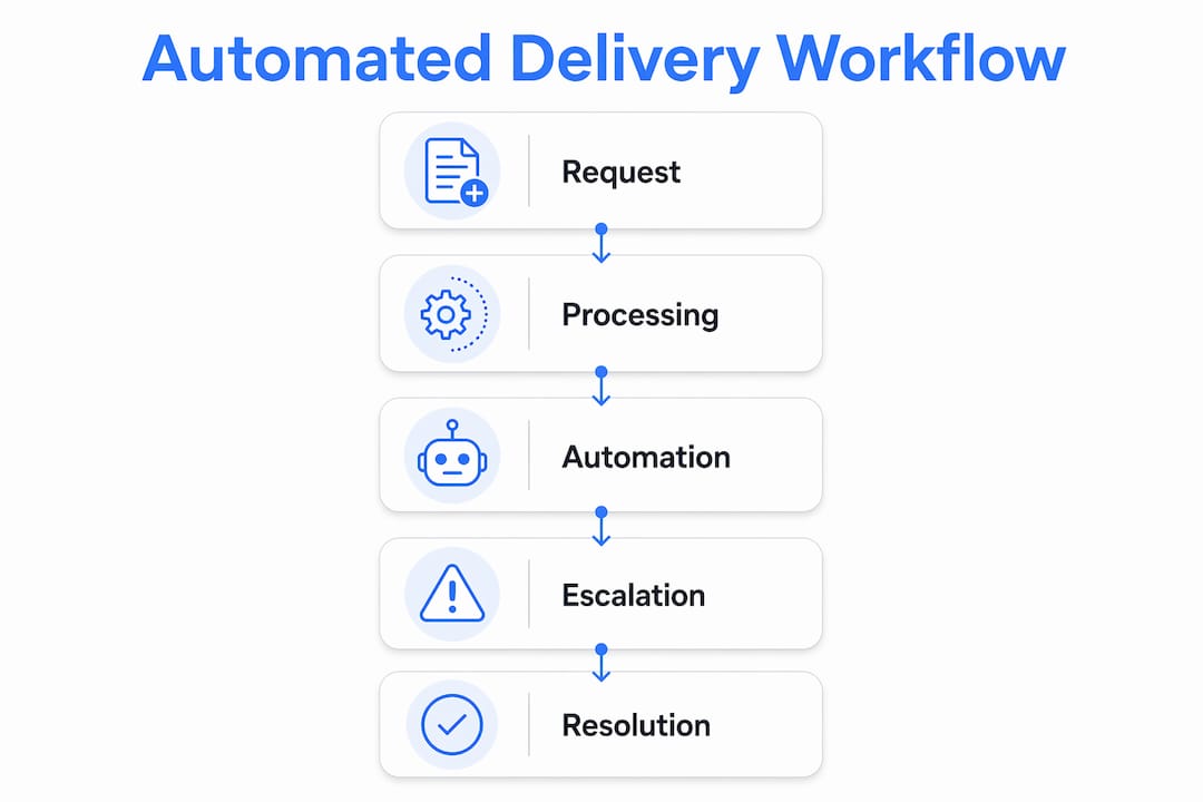 Infographic showing automated service delivery workflow steps