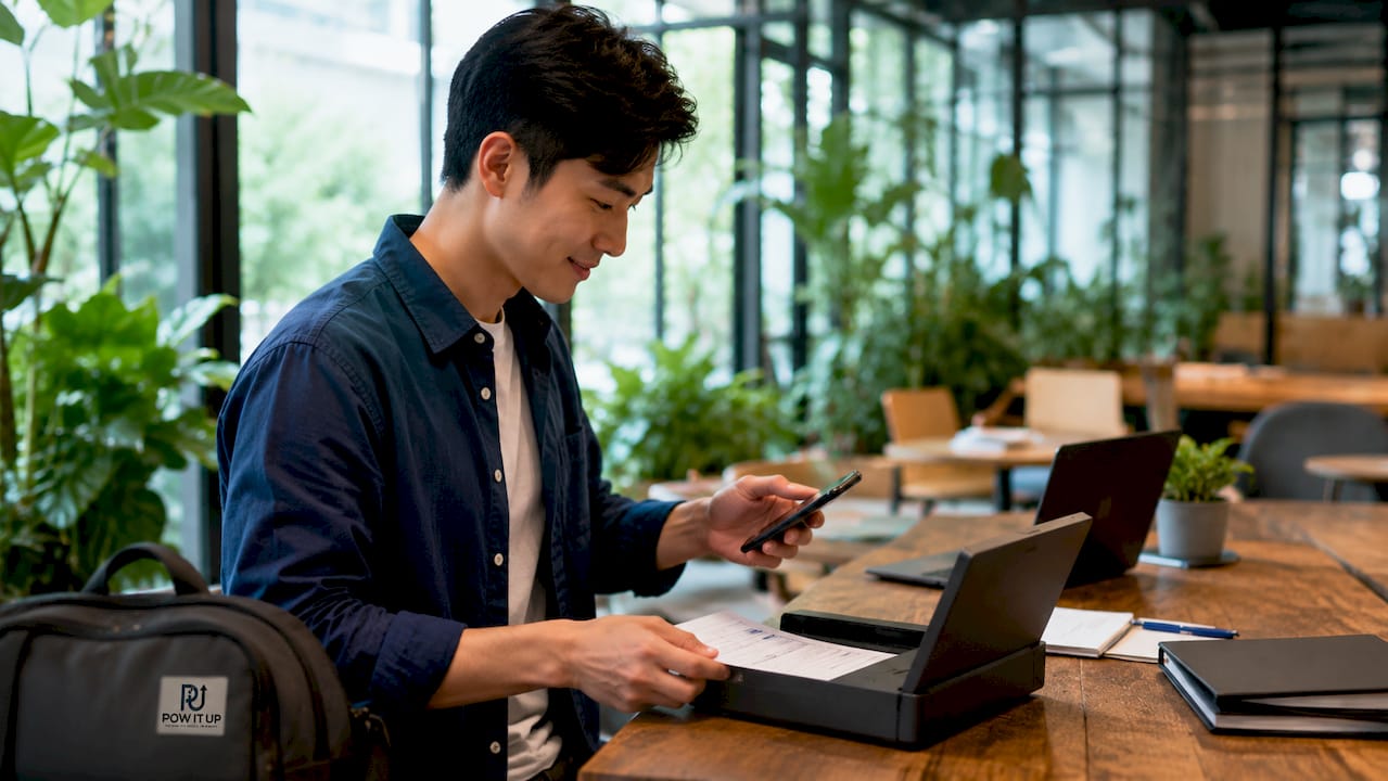 Hands using smartphone and document scanner for identity verification
