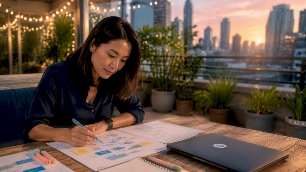 Consultant reviewing workflow diagrams in meeting room