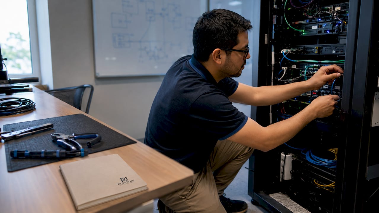 Technician connecting automation hardware in IT office