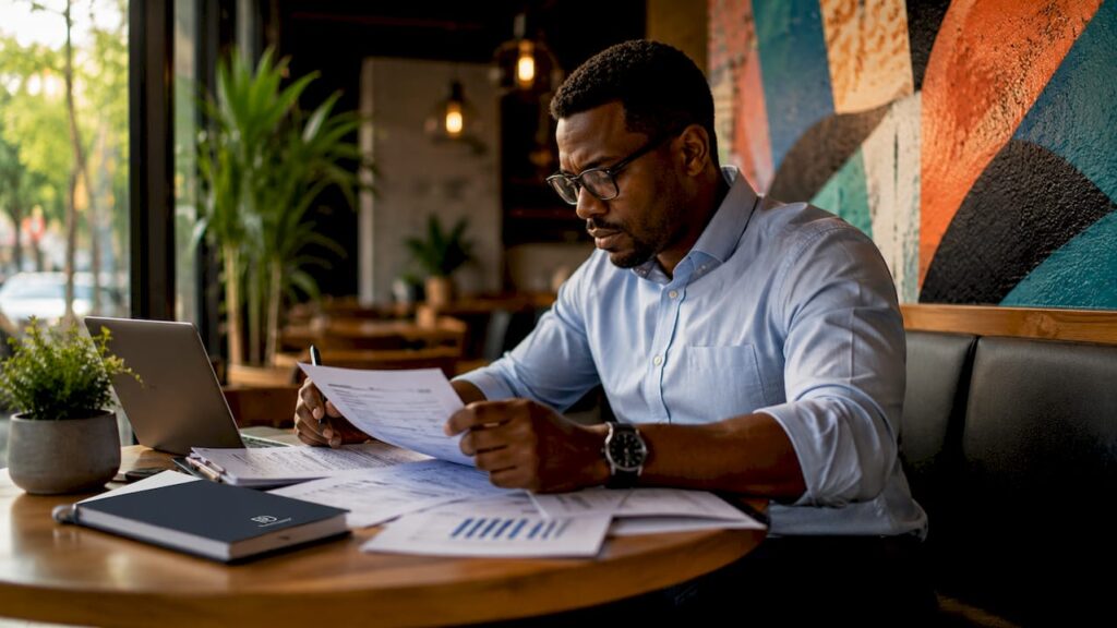 Service manager reviewing printed cost reports