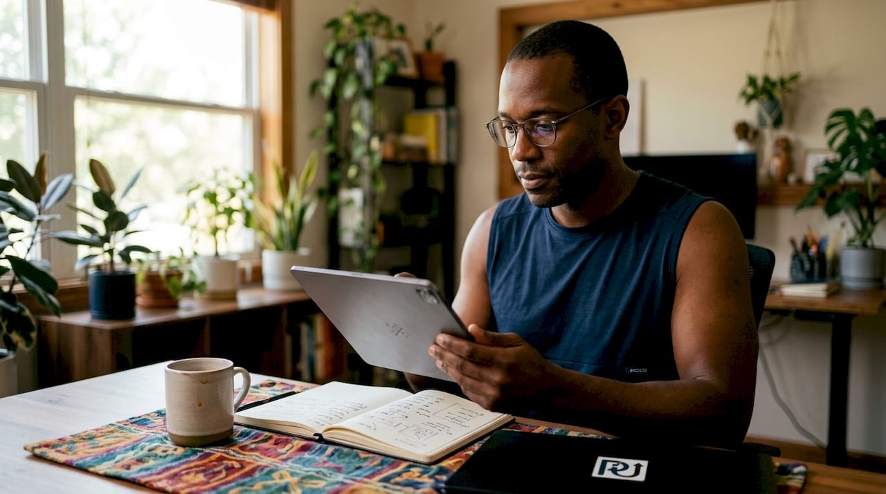 Man managing service automation workflow on tablet at desk