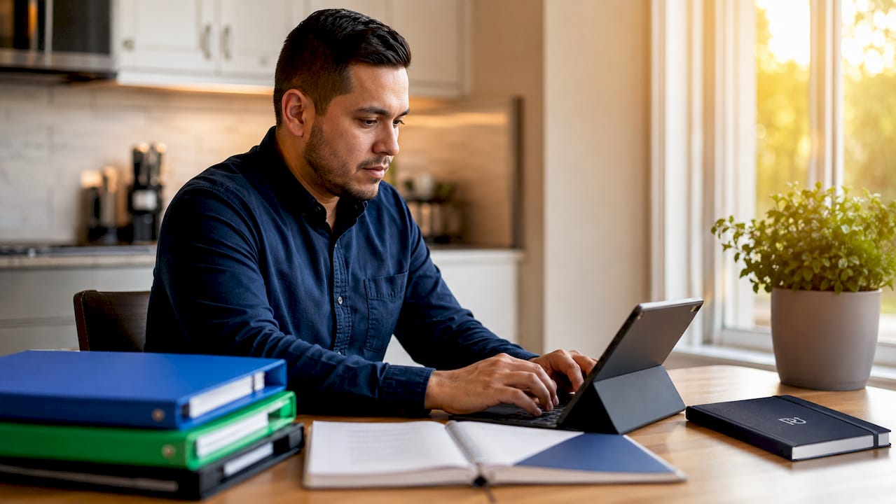 Person typing onboarding welcome email at desk