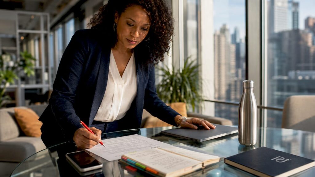 Contract manager reviewing AI-enhanced contracts