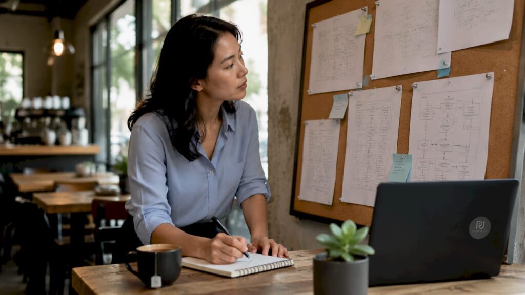 Service manager reviewing workflow documents