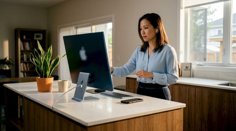 Professional woman using lead generation software at desk