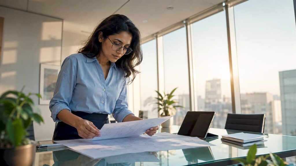 Entrepreneur reviewing business scaling workflow