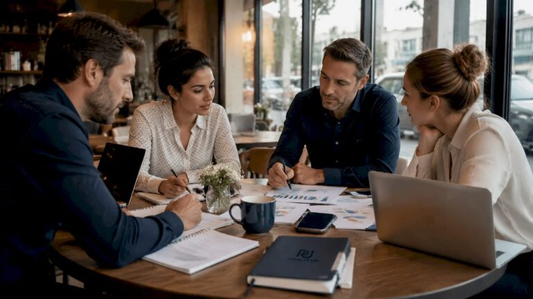 Team discussing business growth strategies around conference table