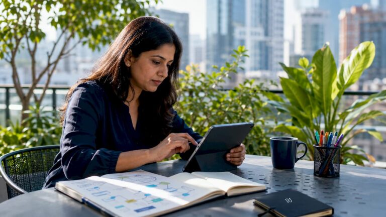 Woman using tablet for business automation