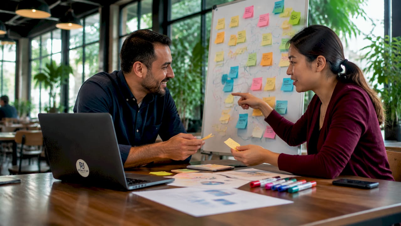 Two professionals working on process improvement notes