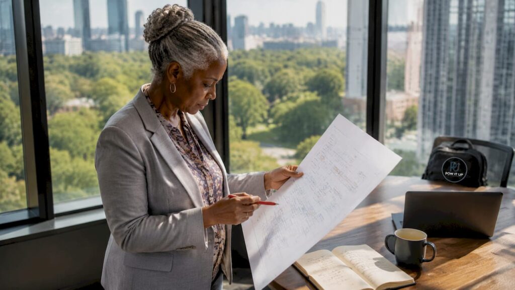 Business leader reviewing process flowchart in boardroom
