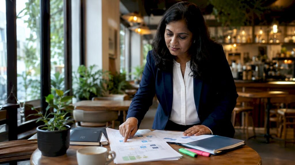 Operations manager reviewing workflows at conference table
