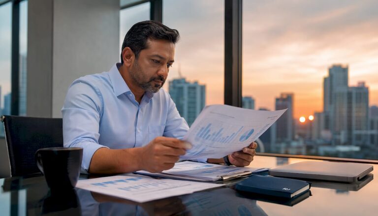 Business leader reviewing expense report in office