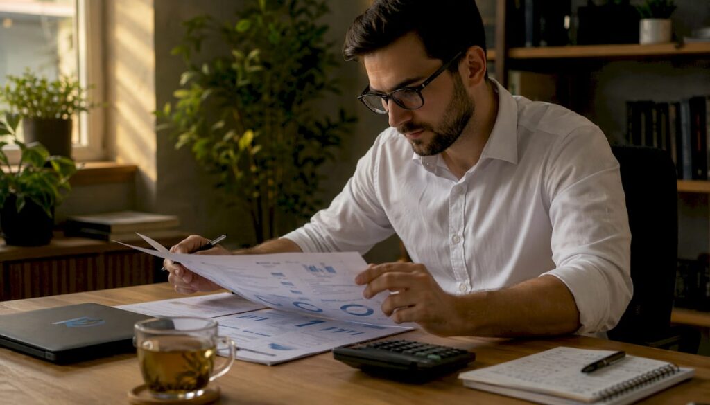 Analyst reviewing automation ROI reports
