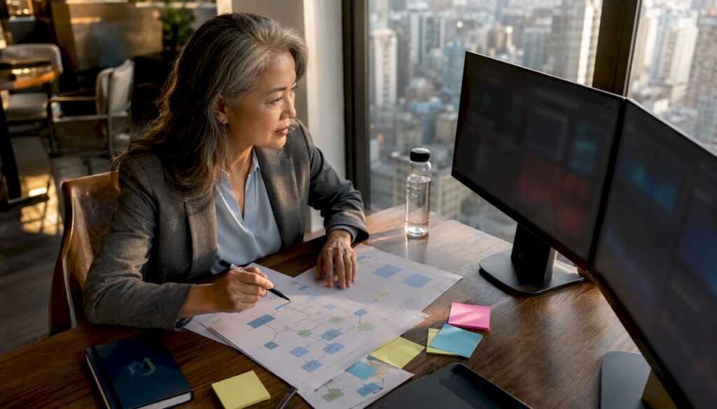 Senior strategist reviewing enterprise AI solution paperwork