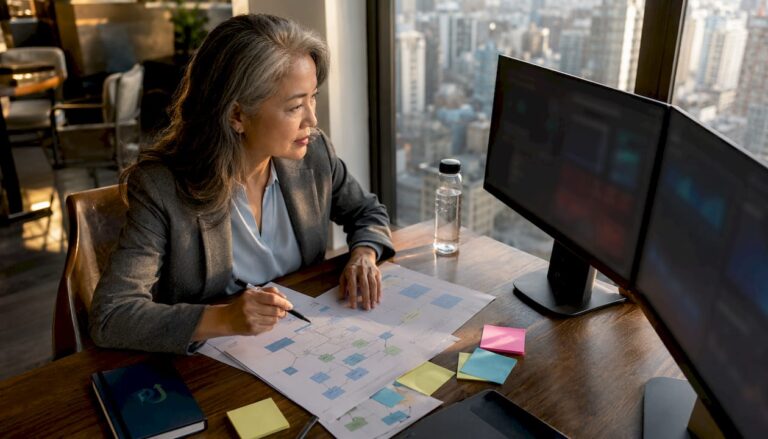 Senior strategist reviewing enterprise AI solution paperwork