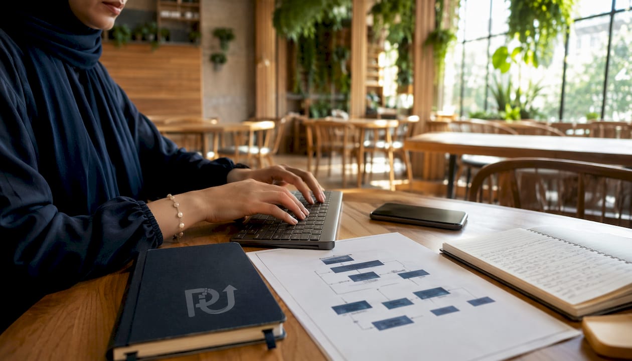 Hands typing with workflow integration diagrams on desk