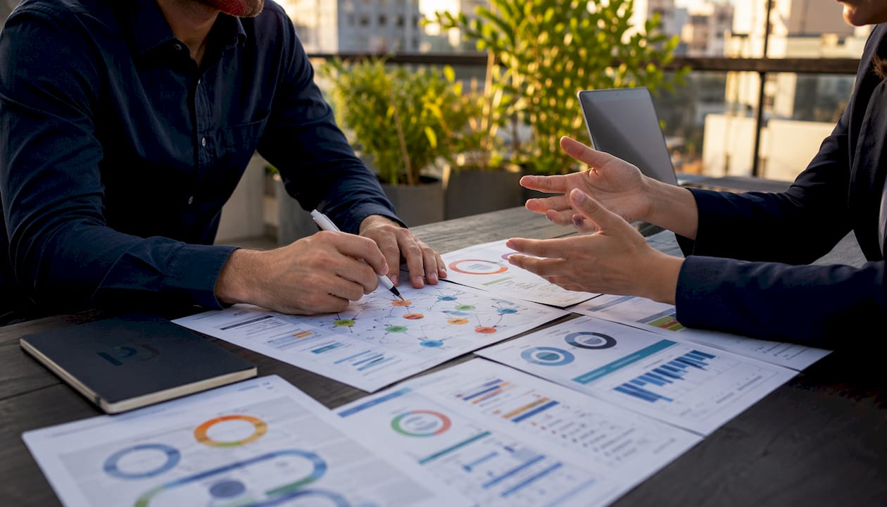 Close-up of hands collaborating on AI operations documents