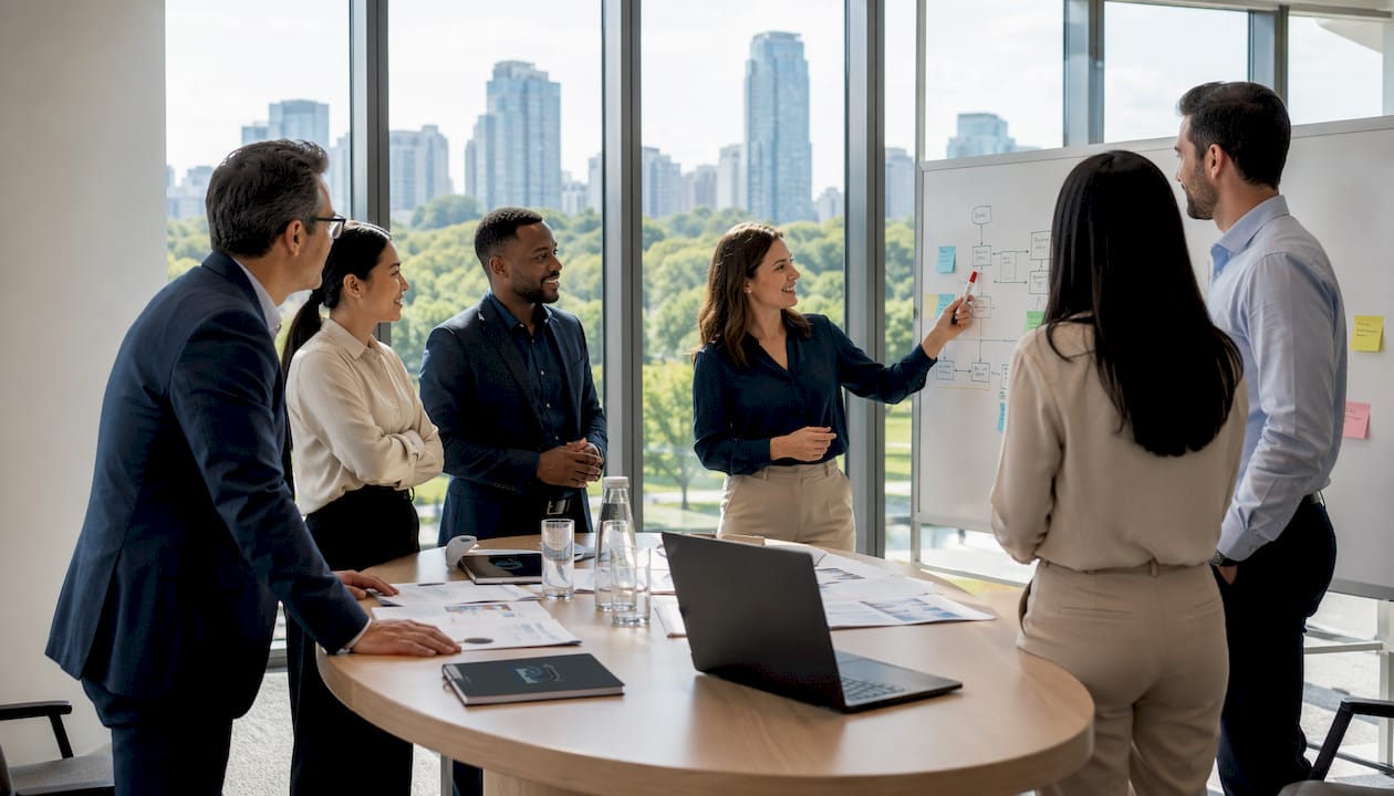 Business team discussing AI governance in meeting