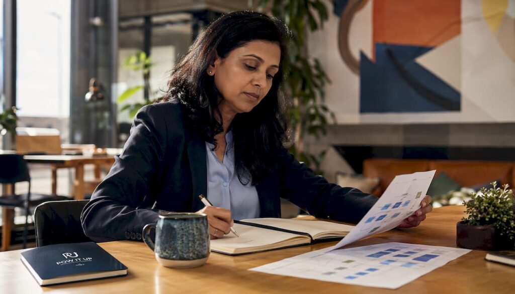 Business professional reviewing automation charts