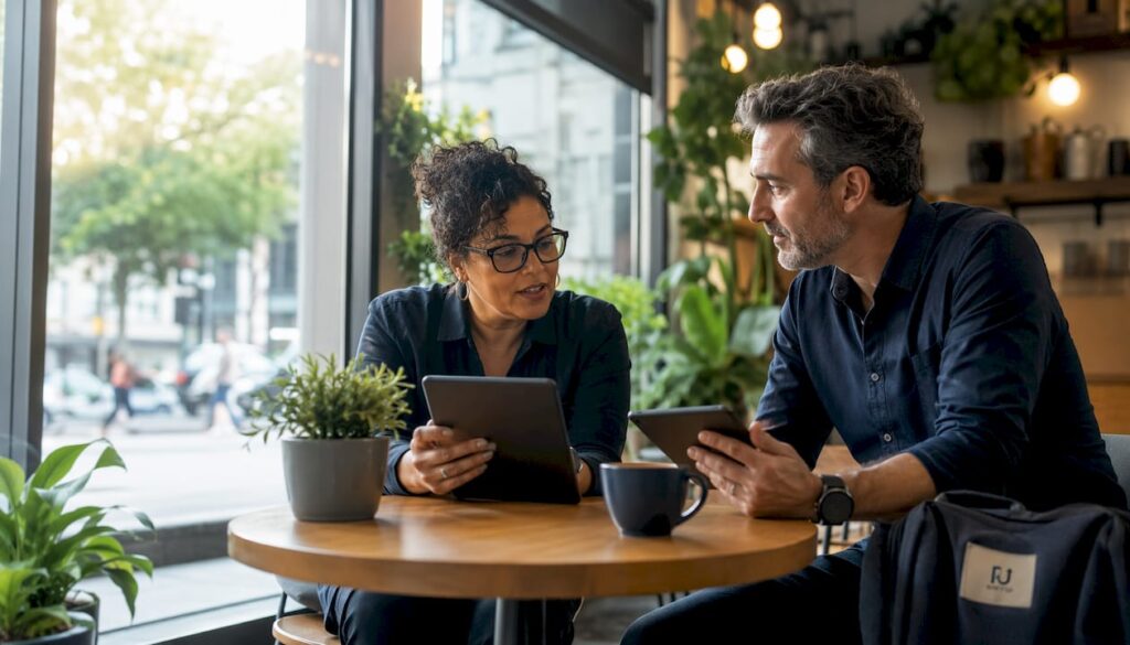 Business owner and IT consultant discussing systems