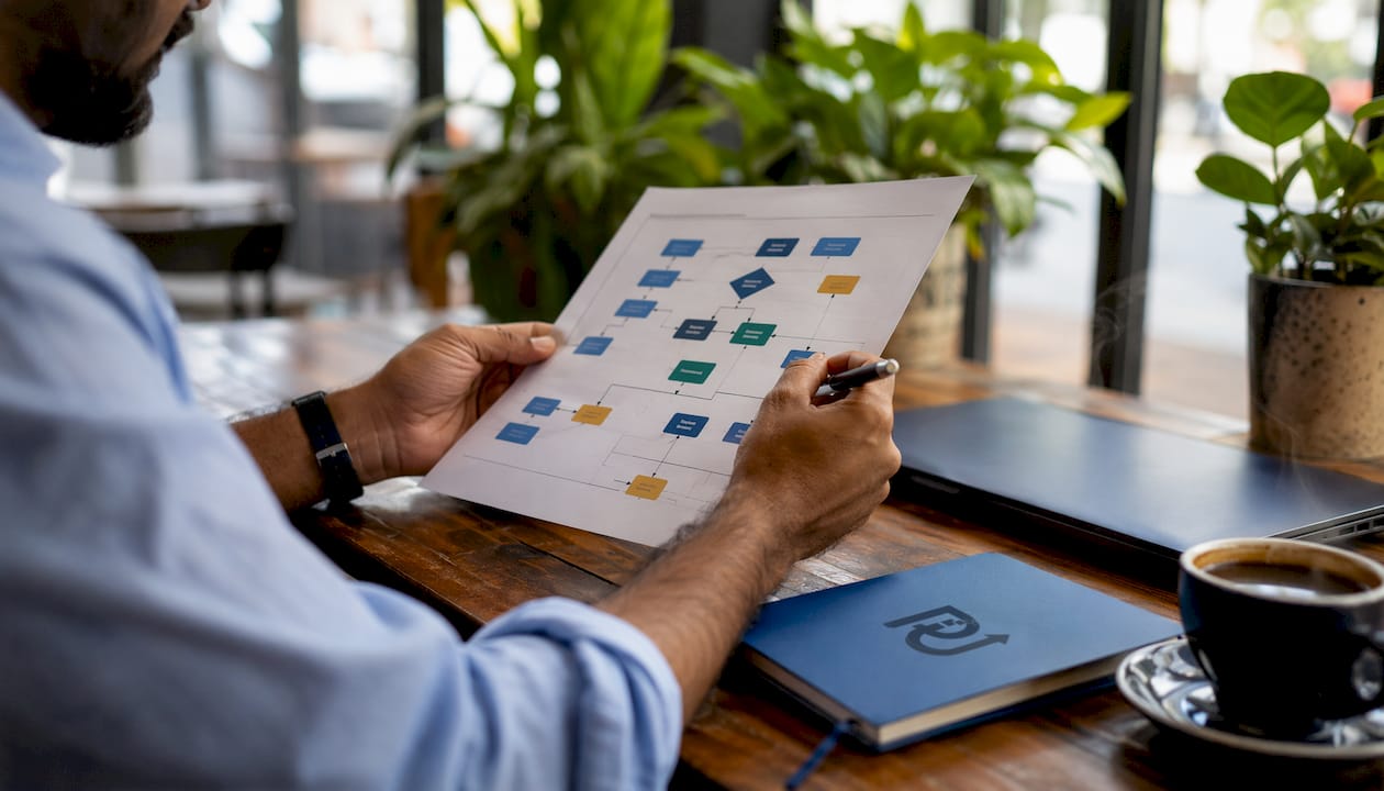 Hands analyzing AI operational flowchart