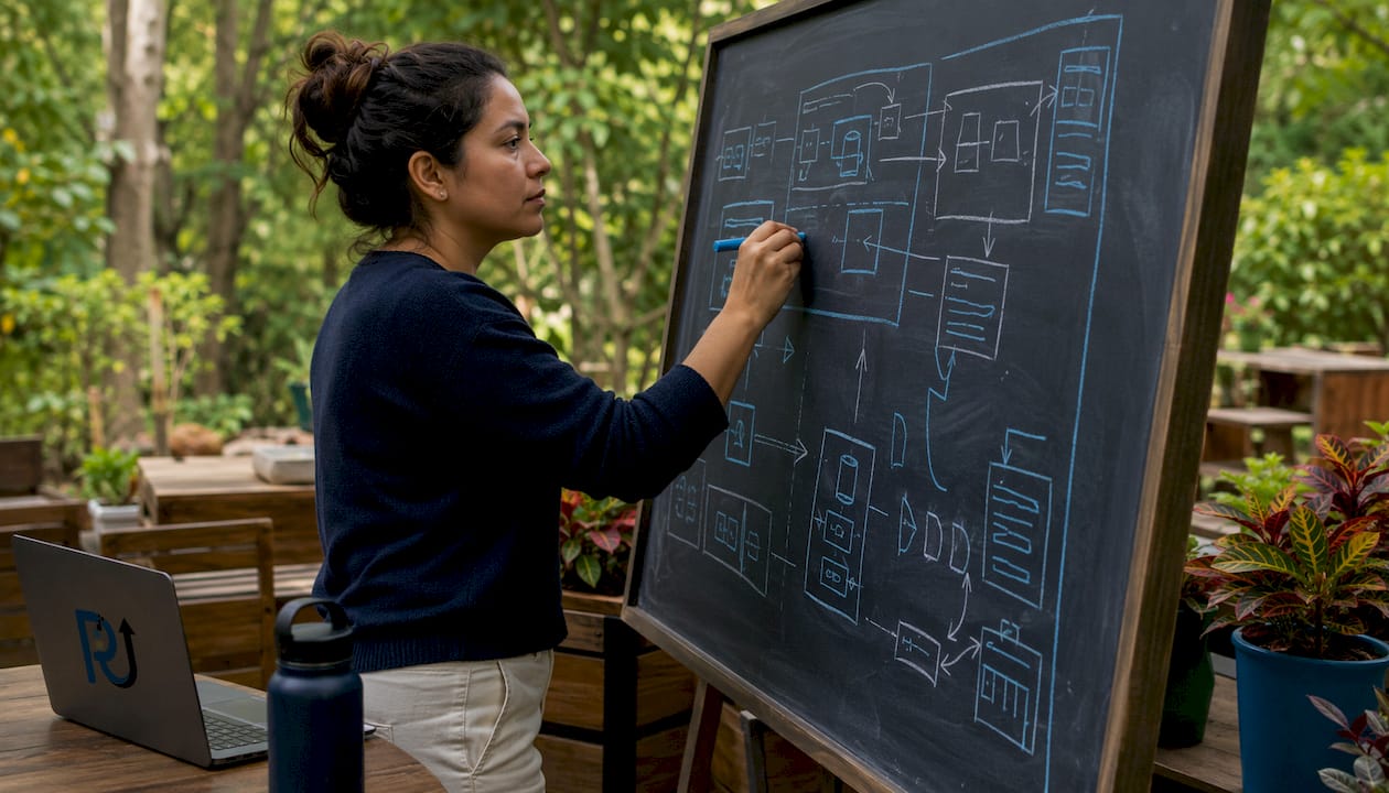Scientist drawing AI orchestration on whiteboard
