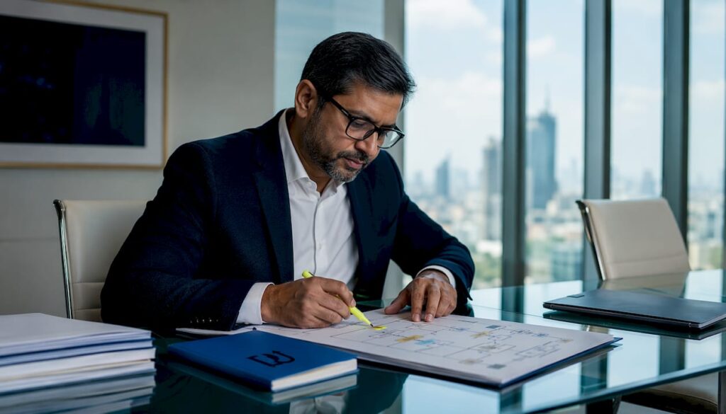 Executive reviewing business process map in office
