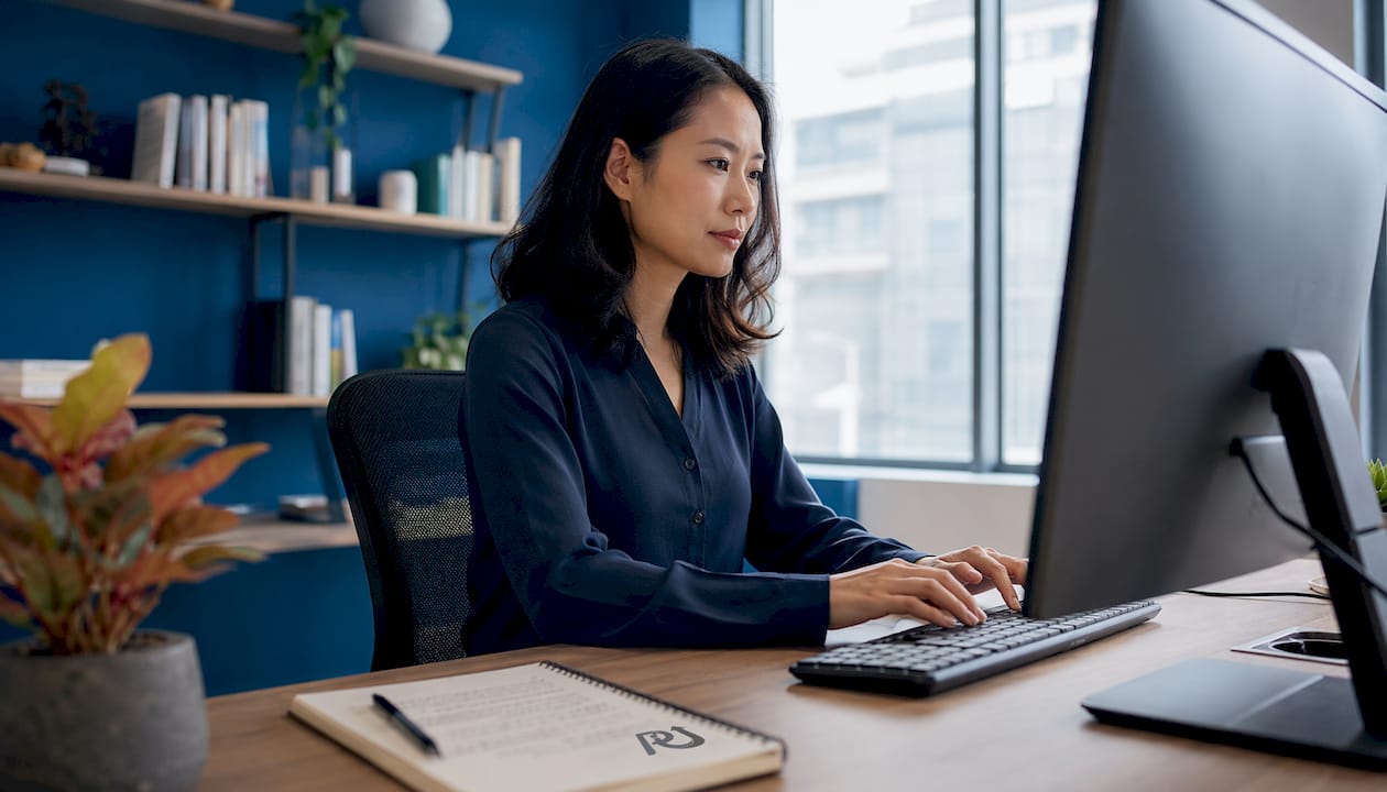 Hands typing near AI analytics monitor in home office