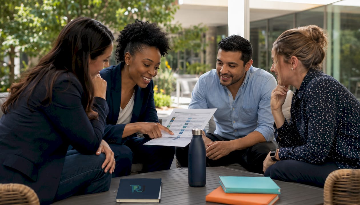 Diverse team discussing Lean framework at table
