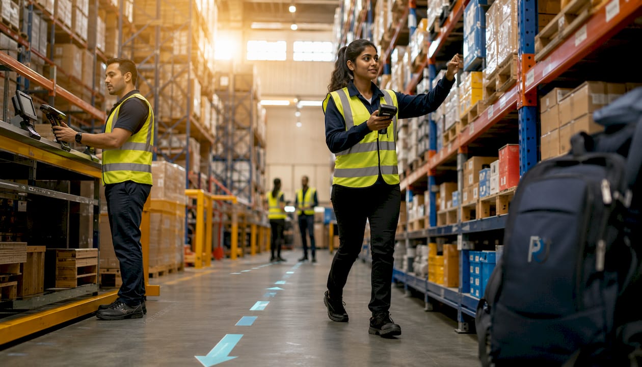 Warehouse workers following AI routing plans