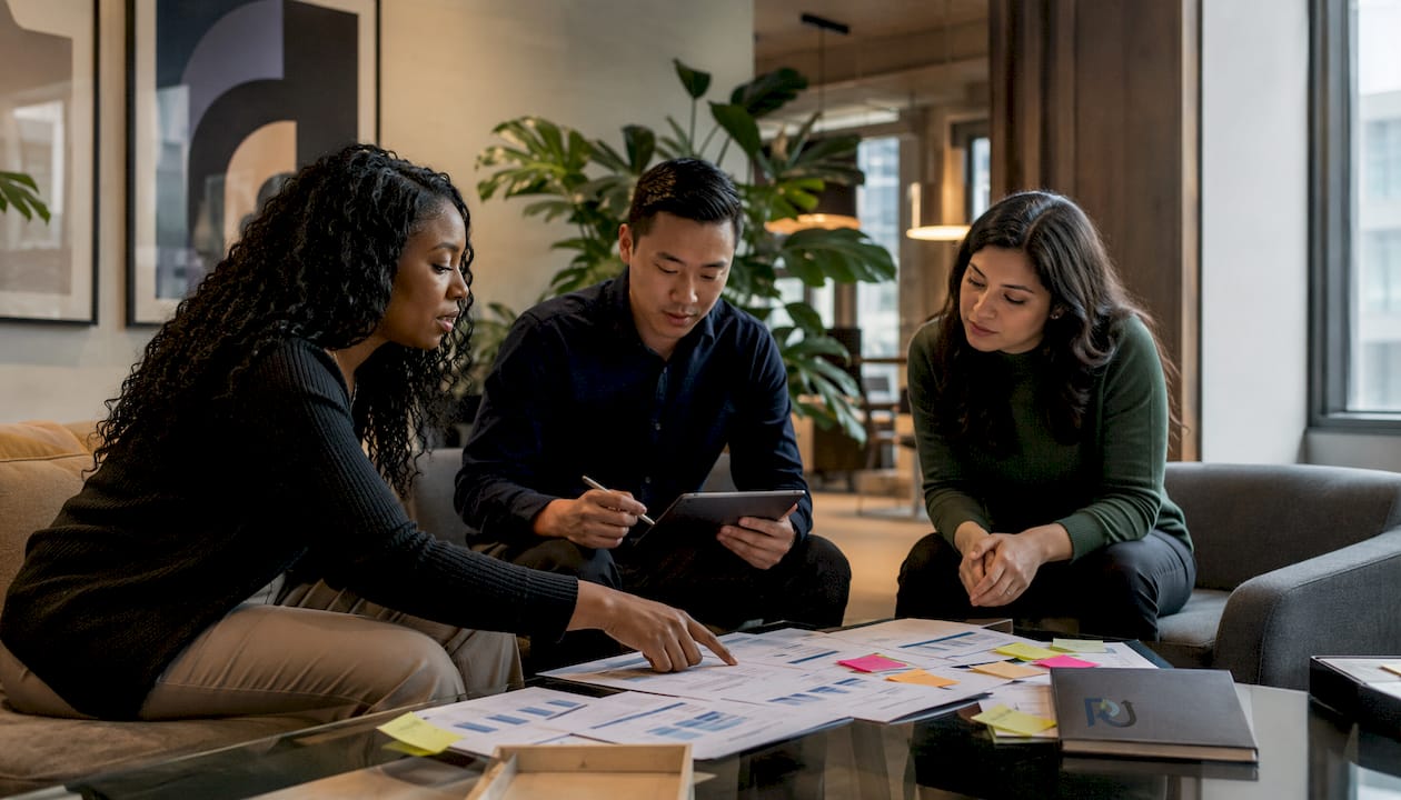 Team reviewing documents in meeting room overhead view
