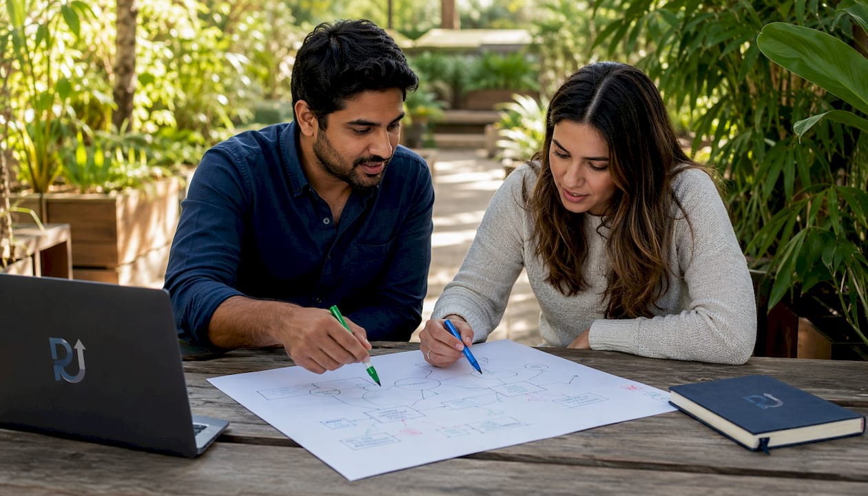 Team reviewing business process flowchart
