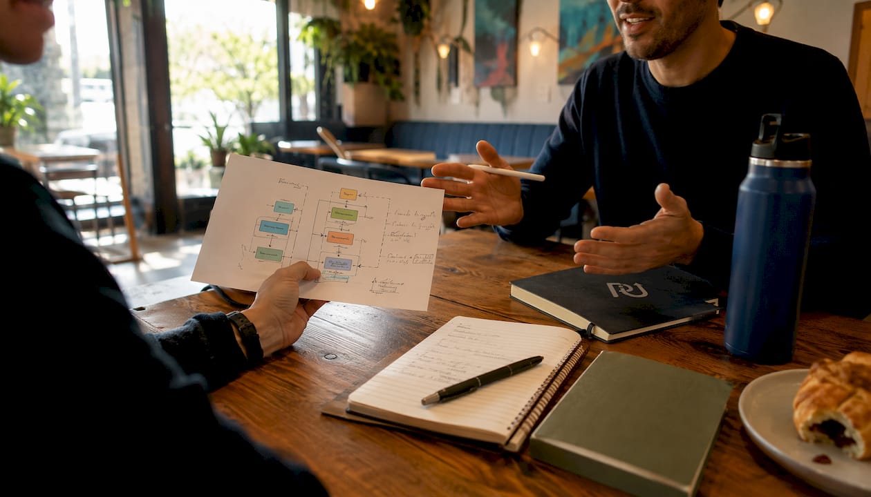 Hands assessing workflow data on office desk
