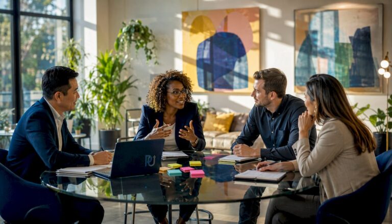 Executives discussing AI strategy in meeting room
