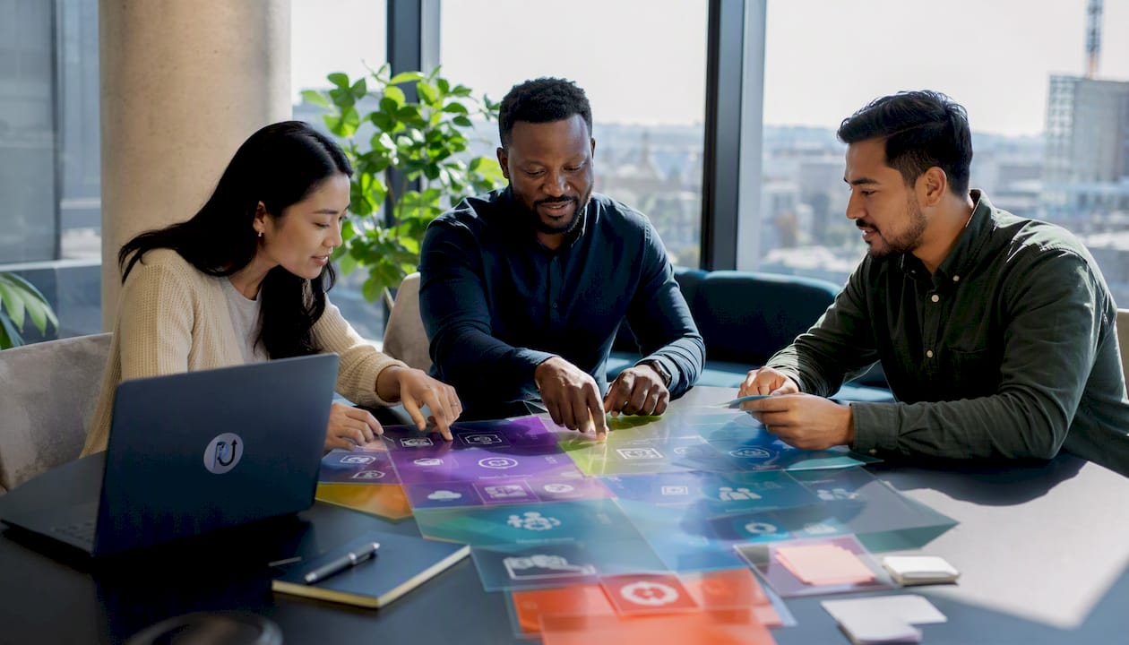 Team hands arranging digital workforce stack model