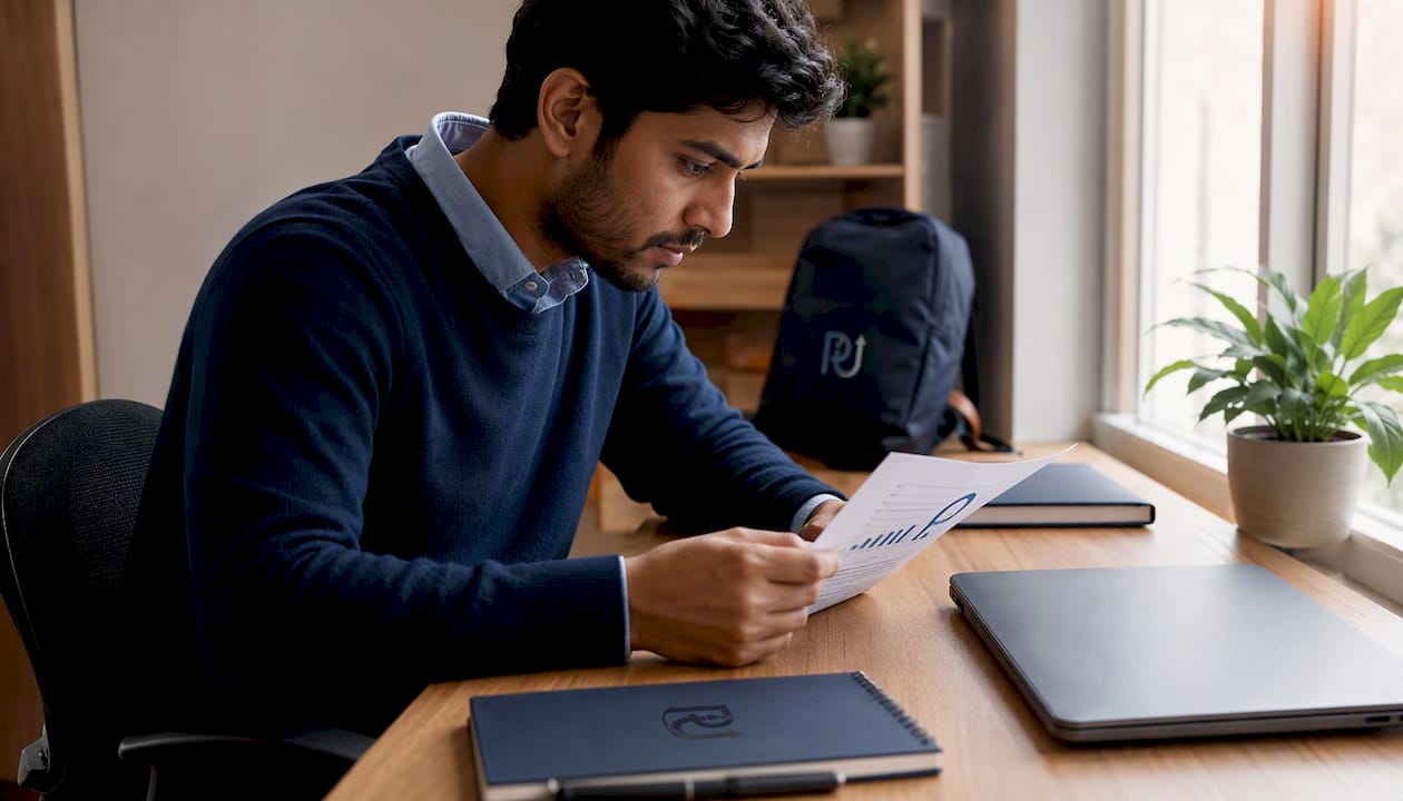 Data analyst reviewing ROI documents at desk