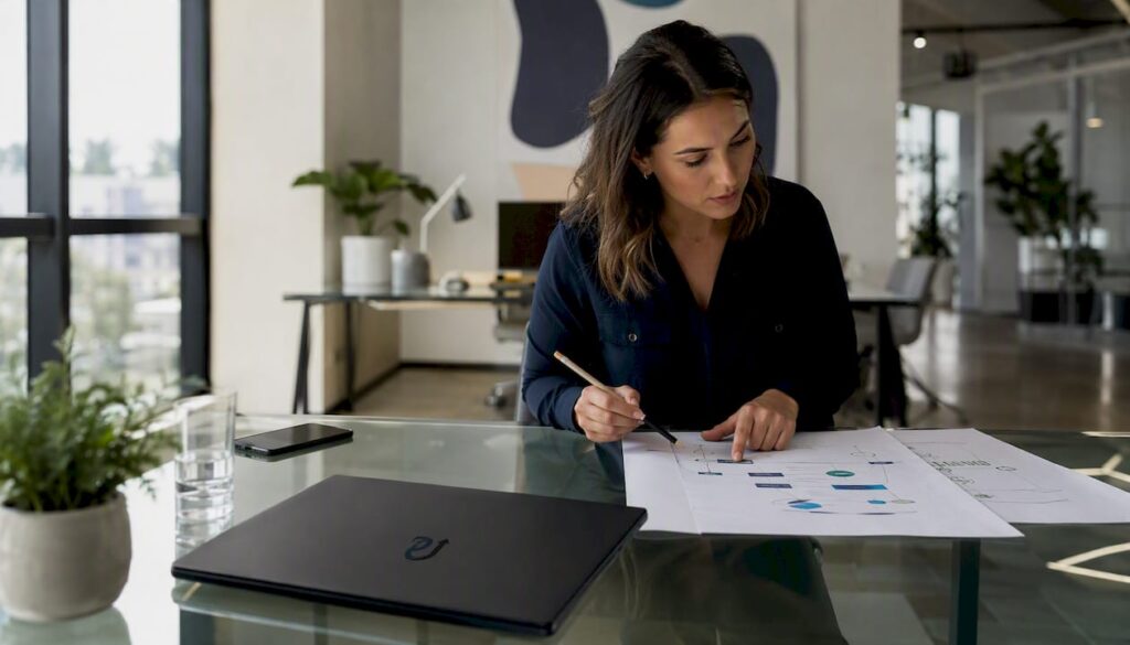 Digital operations manager reviewing workflows at desk