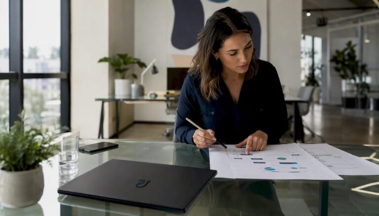 Digital operations manager reviewing workflows at desk