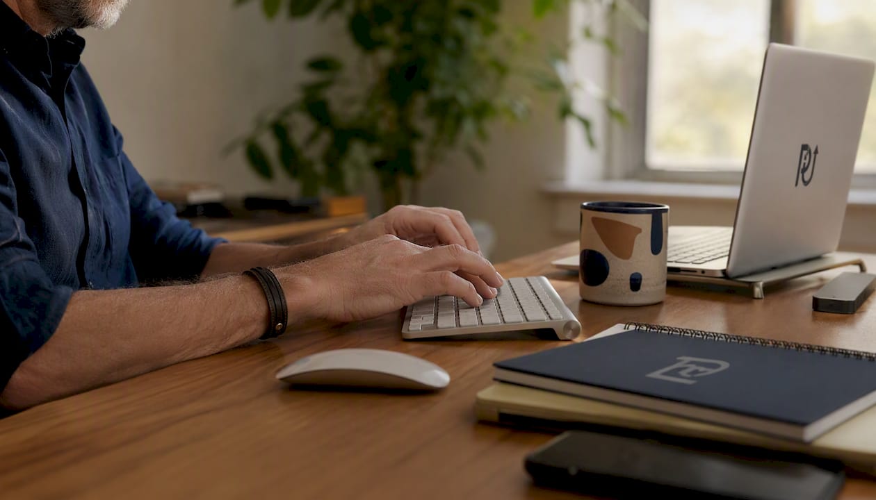 Hands typing at desk with tech manuals and laptop